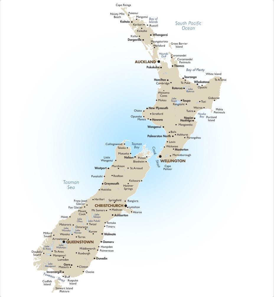 kartta south island uusi-seelanti nähtävyyksiä