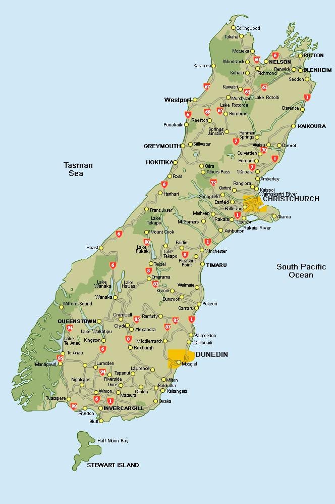 uusi-seelanti kartta south island road kartta